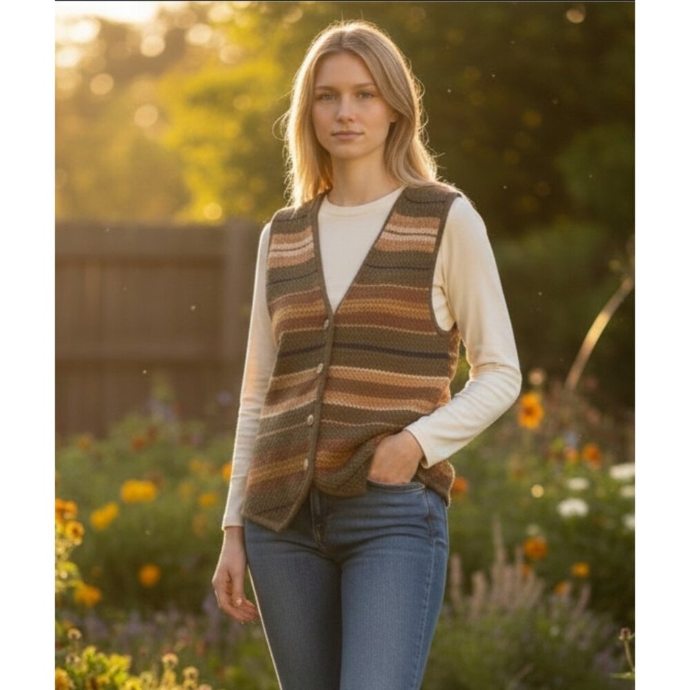 VTG Womens Sweater Vest Striped Sz M Green Brown Button Up Knit Forest Preppy - Picture 1 of 9